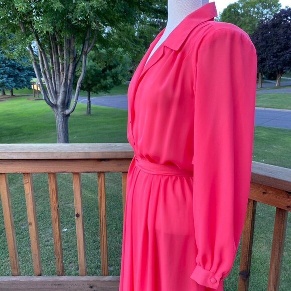 Vintage 80s Willi Petites Pink Button-Up Belted Dress Size 12 Polyester Lined - Picture 12 of 16
